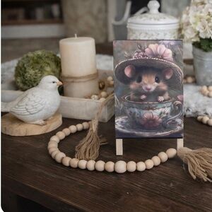 Hand Crafted Floral Tea Cup Mouse print on wooden stand